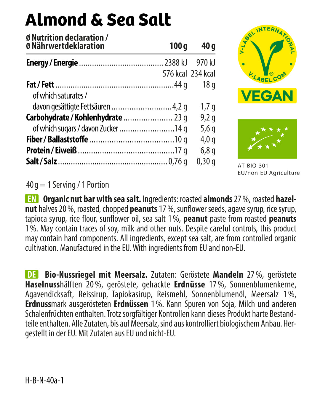 HEJ Organic Nut Bar Almond & Sea Salt